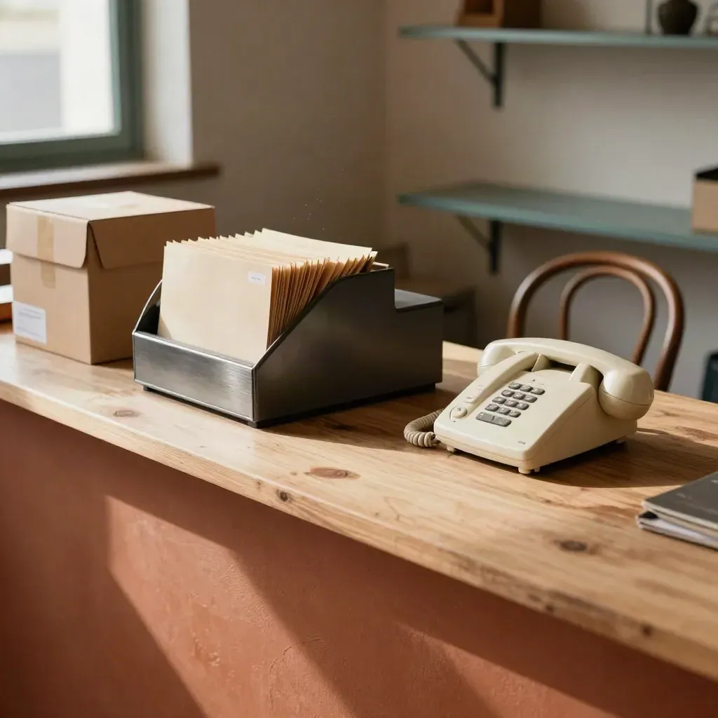 Retro di piccola attività con cassa chiusa, scatole, telefono e sedia vuota nella luce calda.