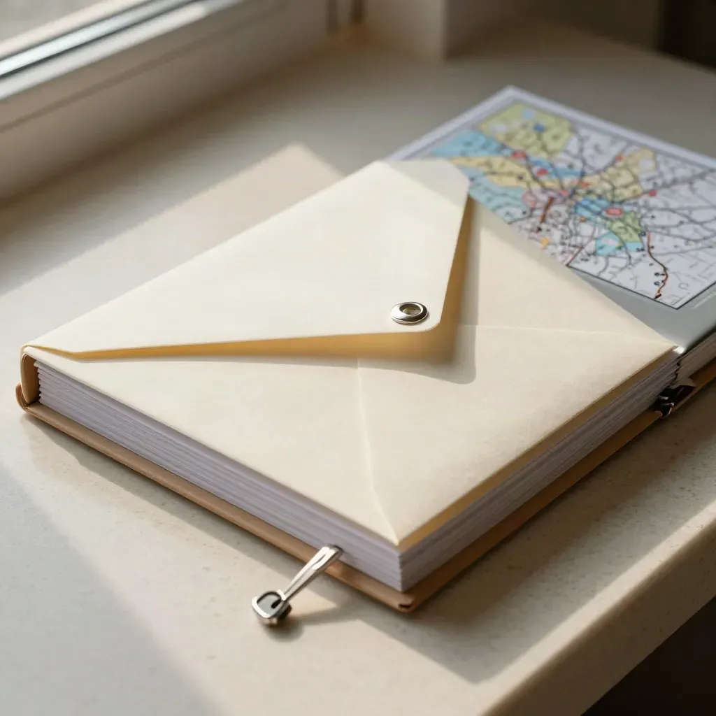 Mappa ordinata dei debiti con buste chiuse, cartellina e taccuino su tavolo chiaro, luce mattutina calda.